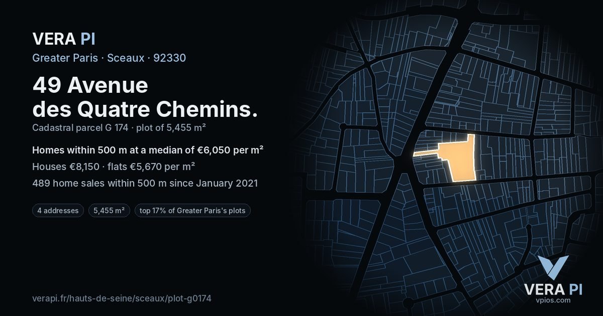 49 Avenue des Quatre Chemins, Sceaux at night – the plot lit, the parcels around coloured by the prices near them