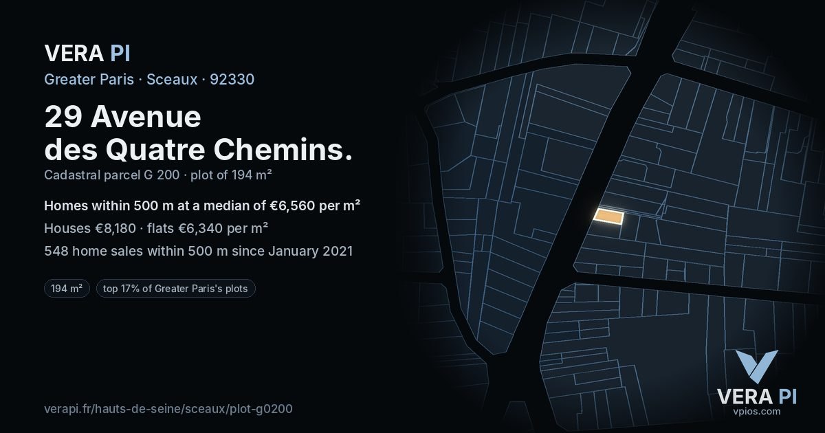 29 Avenue des Quatre Chemins, Sceaux at night – the plot lit, the parcels around coloured by the prices near them