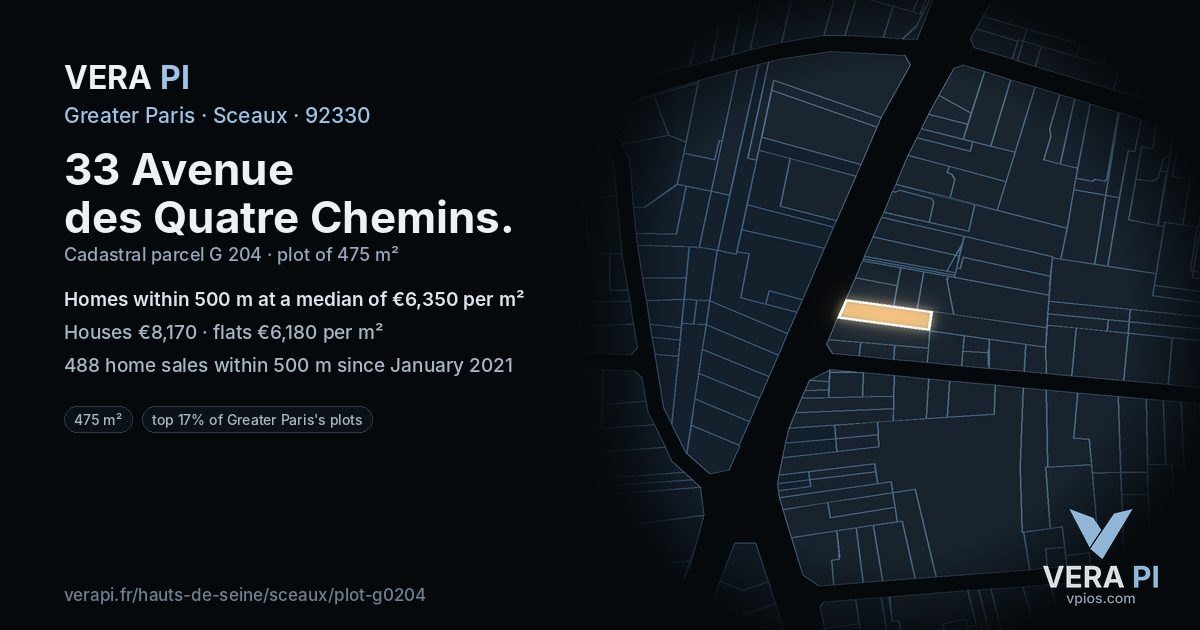 33 Avenue des Quatre Chemins, Sceaux at night – the plot lit, the parcels around coloured by the prices near them