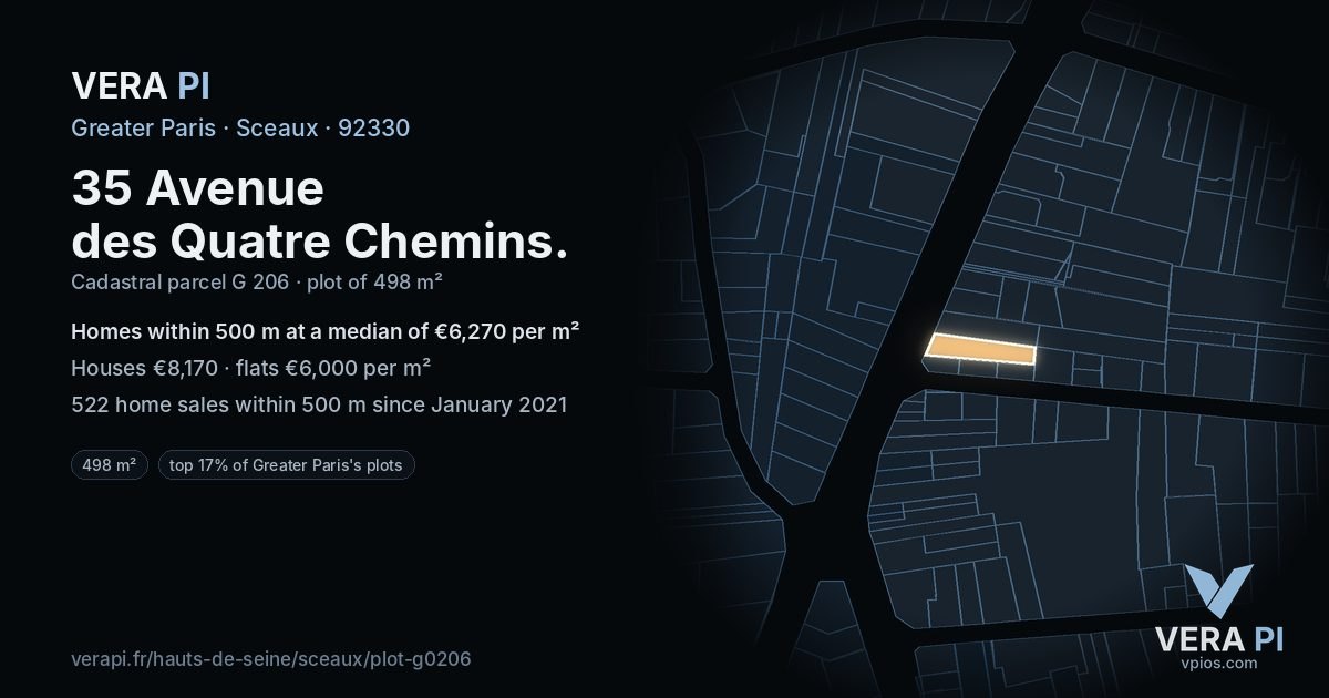 35 Avenue des Quatre Chemins, Sceaux at night – the plot lit, the parcels around coloured by the prices near them