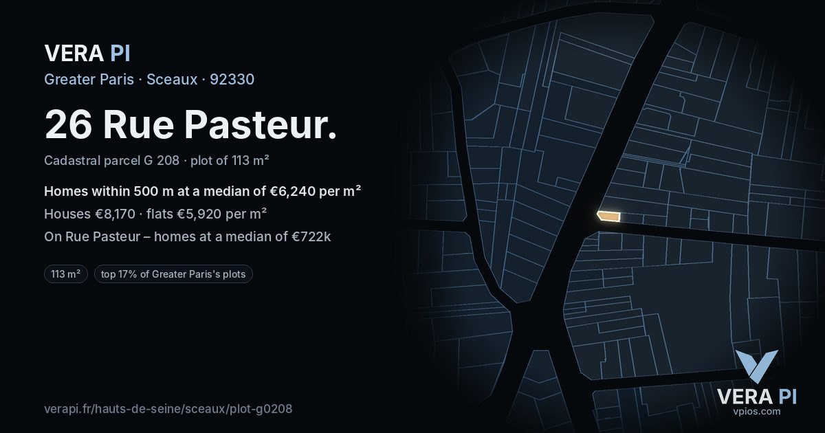 26 Rue Pasteur, Sceaux at night – the plot lit, the parcels around coloured by the prices near them