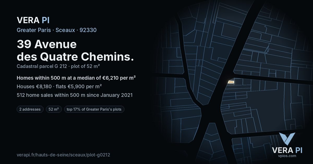 39 Avenue des Quatre Chemins, Sceaux at night – the plot lit, the parcels around coloured by the prices near them