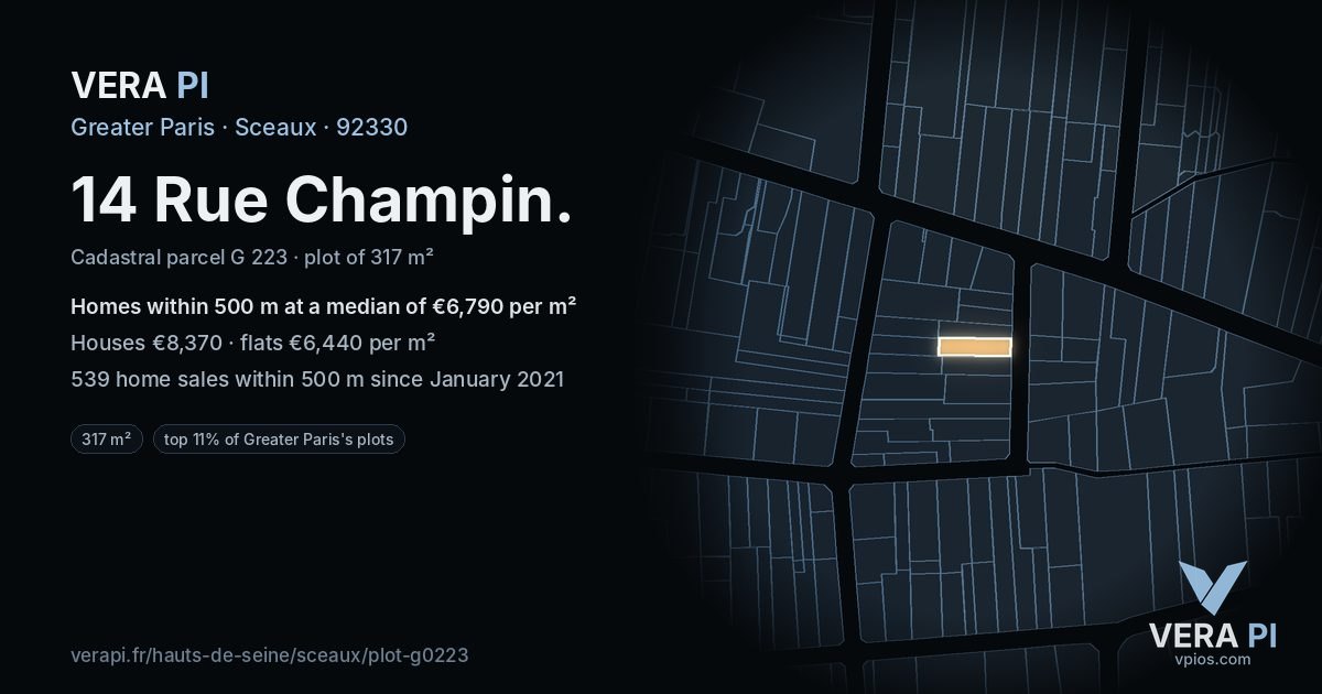 14 Rue Champin, Sceaux at night – the plot lit, the parcels around coloured by the prices near them