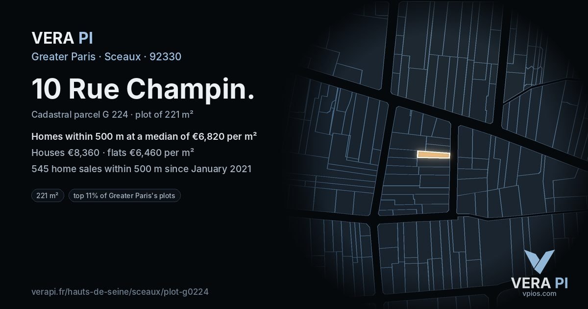 10 Rue Champin, Sceaux at night – the plot lit, the parcels around coloured by the prices near them