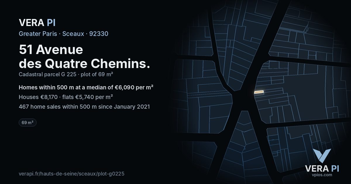51 Avenue des Quatre Chemins, Sceaux at night – the plot lit, the parcels around coloured by the prices near them