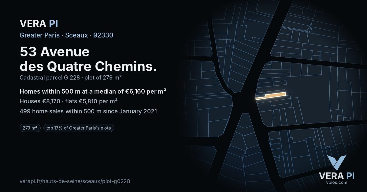 53 Avenue des Quatre Chemins, Sceaux at night – the plot lit, the parcels around coloured by the prices near them