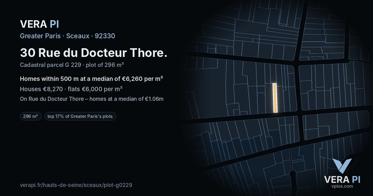 30 Rue du Docteur Thore, Sceaux at night – the plot lit, the parcels around coloured by the prices near them