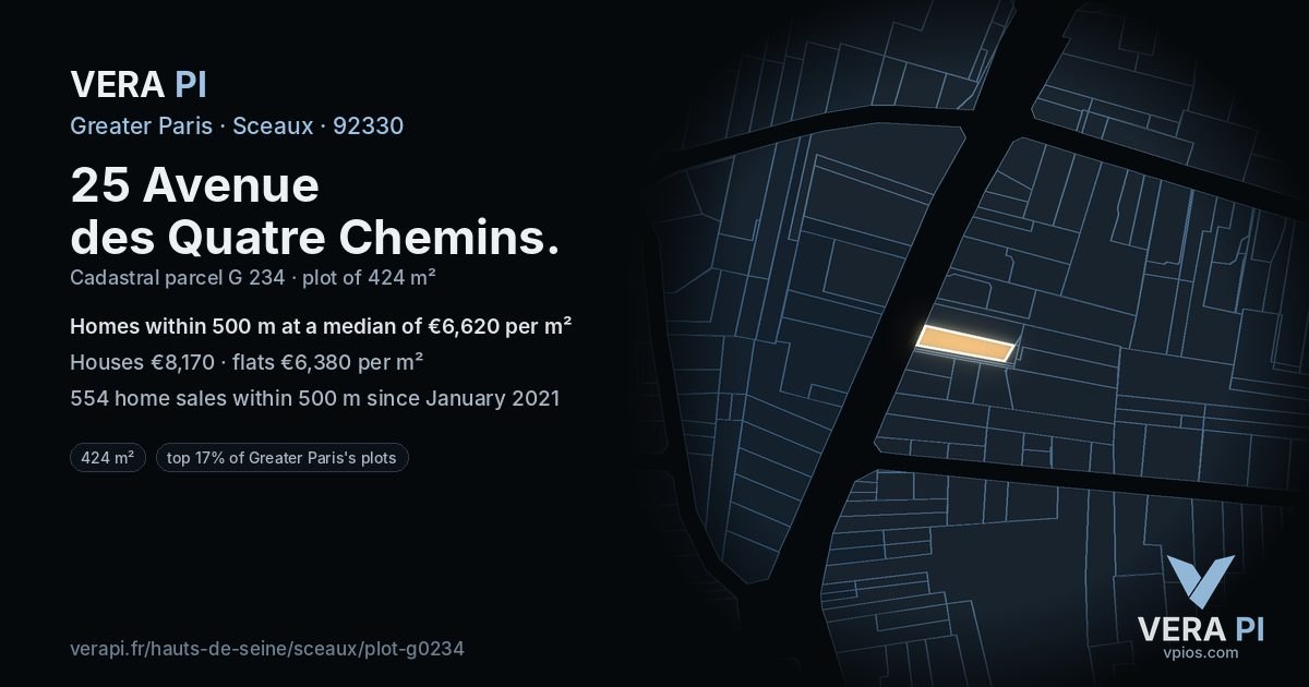25 Avenue des Quatre Chemins, Sceaux at night – the plot lit, the parcels around coloured by the prices near them