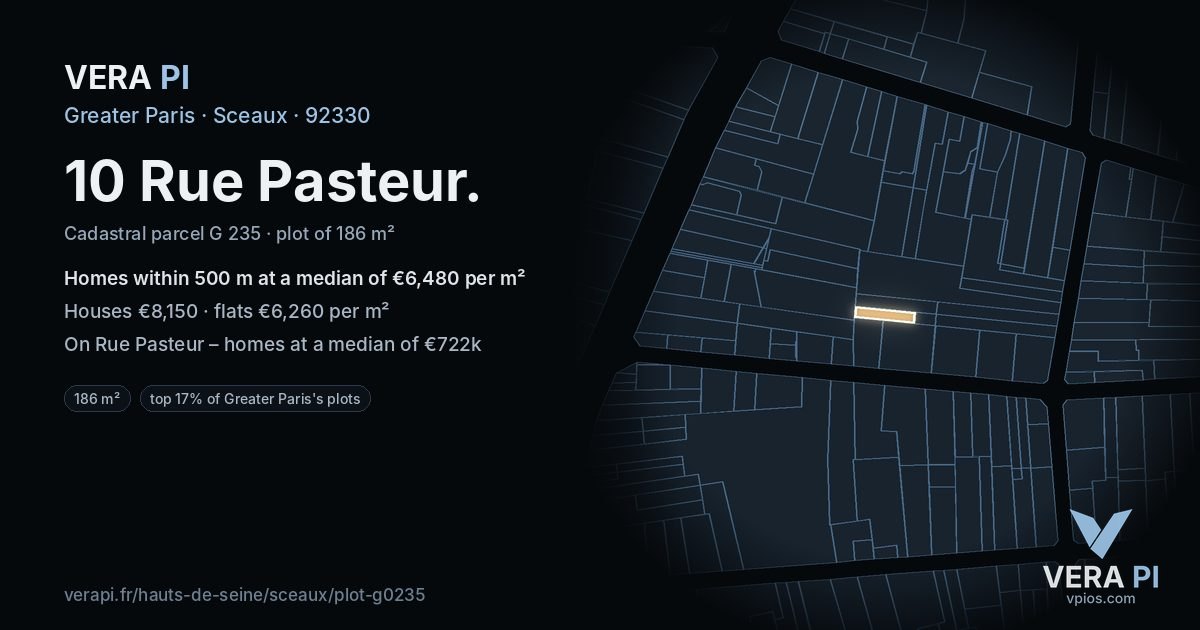 10 Rue Pasteur, Sceaux at night – the plot lit, the parcels around coloured by the prices near them