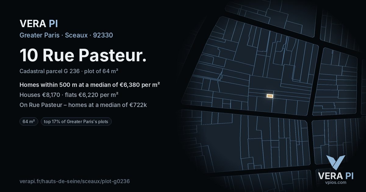 10 Rue Pasteur, Sceaux at night – the plot lit, the parcels around coloured by the prices near them