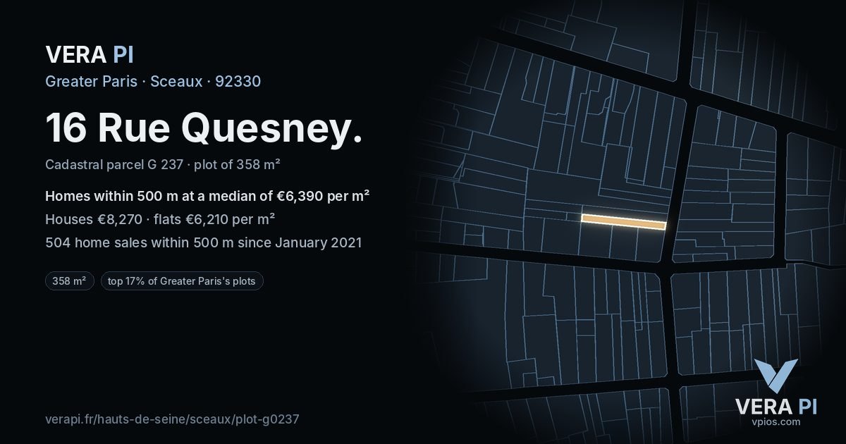 16 Rue Quesney, Sceaux at night – the plot lit, the parcels around coloured by the prices near them