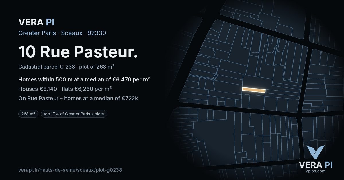 10 Rue Pasteur, Sceaux at night – the plot lit, the parcels around coloured by the prices near them