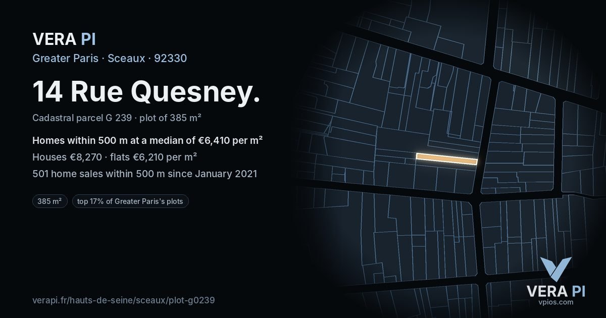 14 Rue Quesney, Sceaux at night – the plot lit, the parcels around coloured by the prices near them