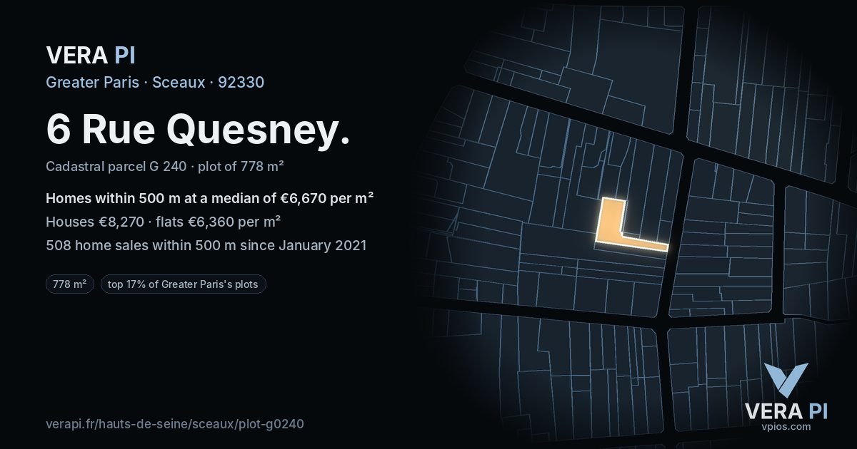 6 Rue Quesney, Sceaux at night – the plot lit, the parcels around coloured by the prices near them