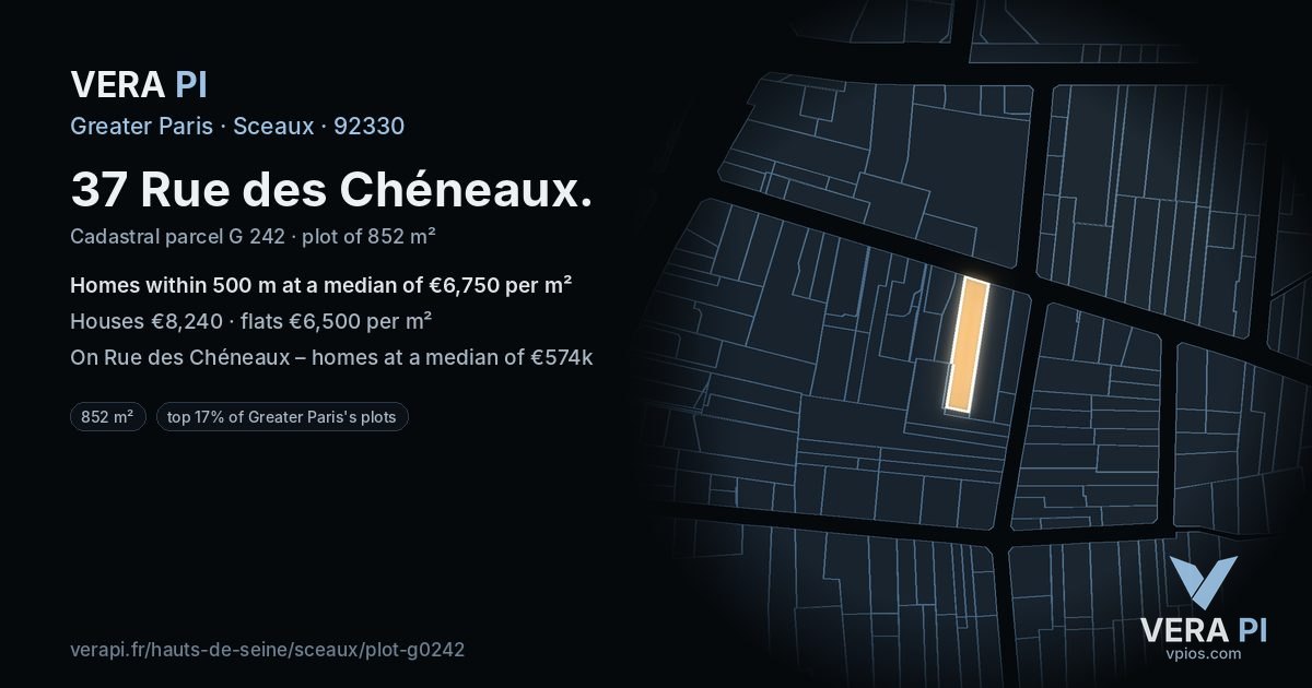37 Rue des Chéneaux, Sceaux at night – the plot lit, the parcels around coloured by the prices near them