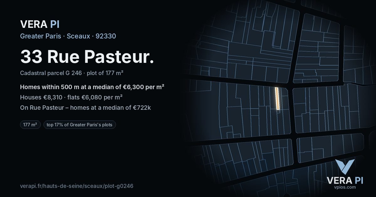 33 Rue Pasteur, Sceaux at night – the plot lit, the parcels around coloured by the prices near them