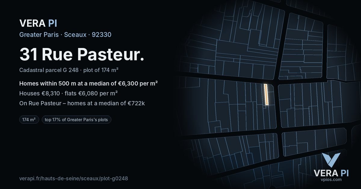 31 Rue Pasteur, Sceaux at night – the plot lit, the parcels around coloured by the prices near them