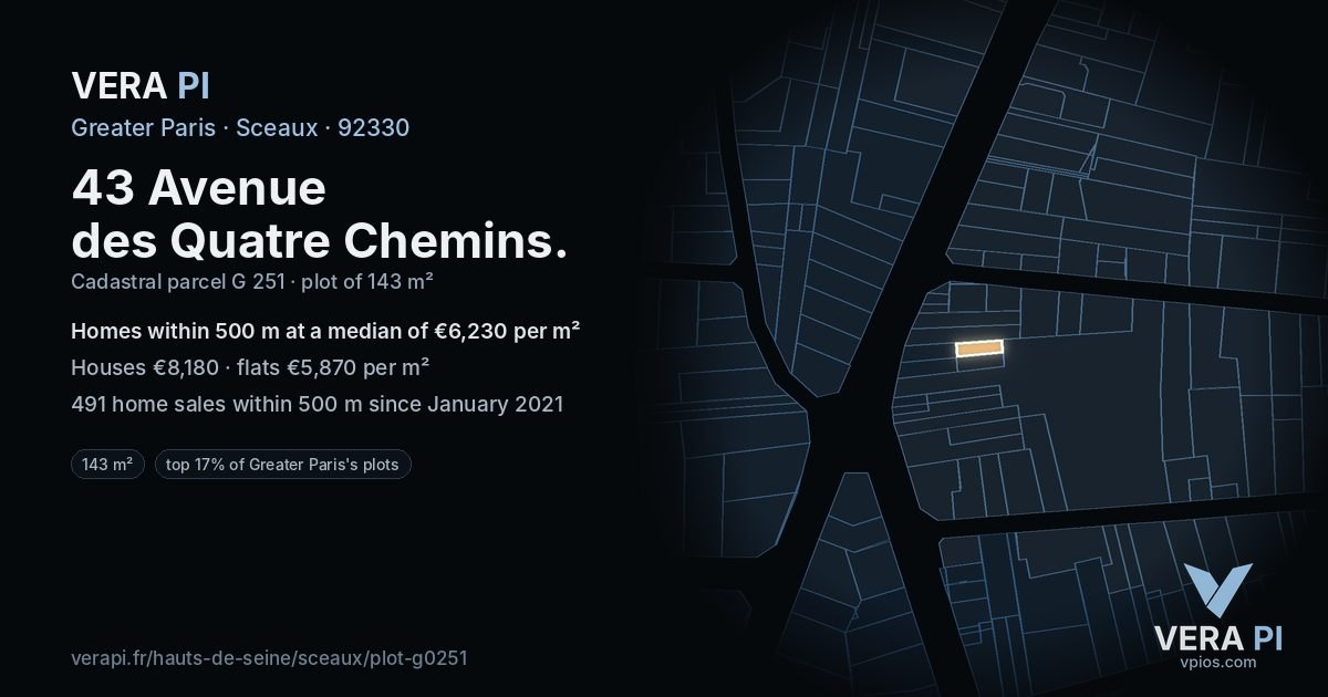 43 Avenue des Quatre Chemins, Sceaux at night – the plot lit, the parcels around coloured by the prices near them