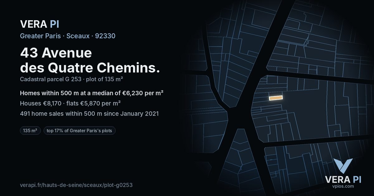 43 Avenue des Quatre Chemins, Sceaux at night – the plot lit, the parcels around coloured by the prices near them