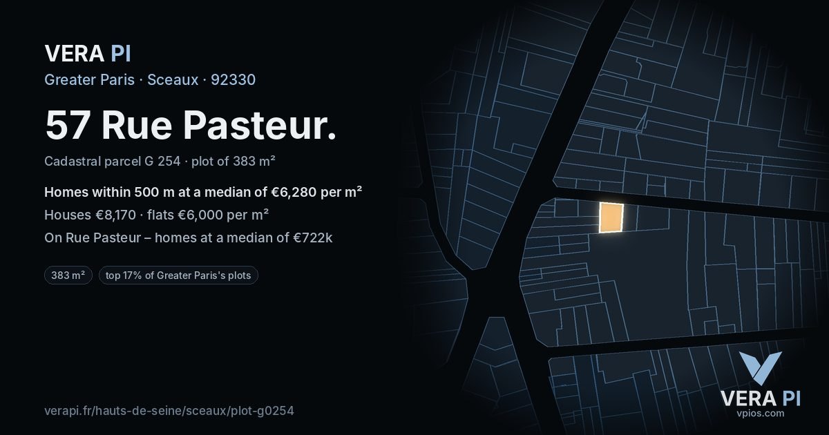 57 Rue Pasteur, Sceaux at night – the plot lit, the parcels around coloured by the prices near them