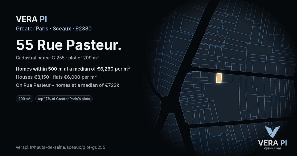 55 Rue Pasteur, Sceaux at night – the plot lit, the parcels around coloured by the prices near them