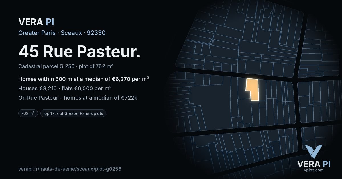 45 Rue Pasteur, Sceaux at night – the plot lit, the parcels around coloured by the prices near them