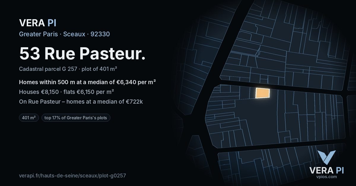 53 Rue Pasteur, Sceaux at night – the plot lit, the parcels around coloured by the prices near them