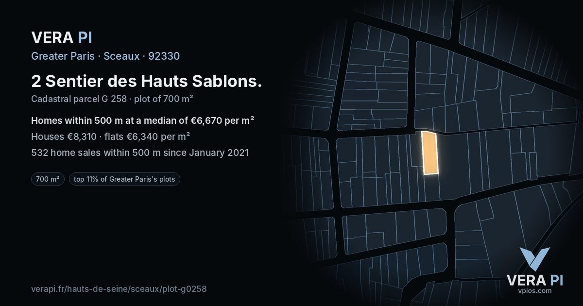 2 Sentier des Hauts Sablons, Sceaux at night – the plot lit, the parcels around coloured by the prices near them