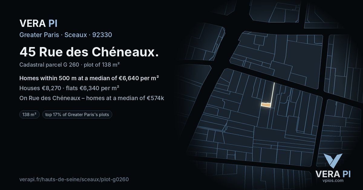 45 Rue des Chéneaux, Sceaux at night – the plot lit, the parcels around coloured by the prices near them