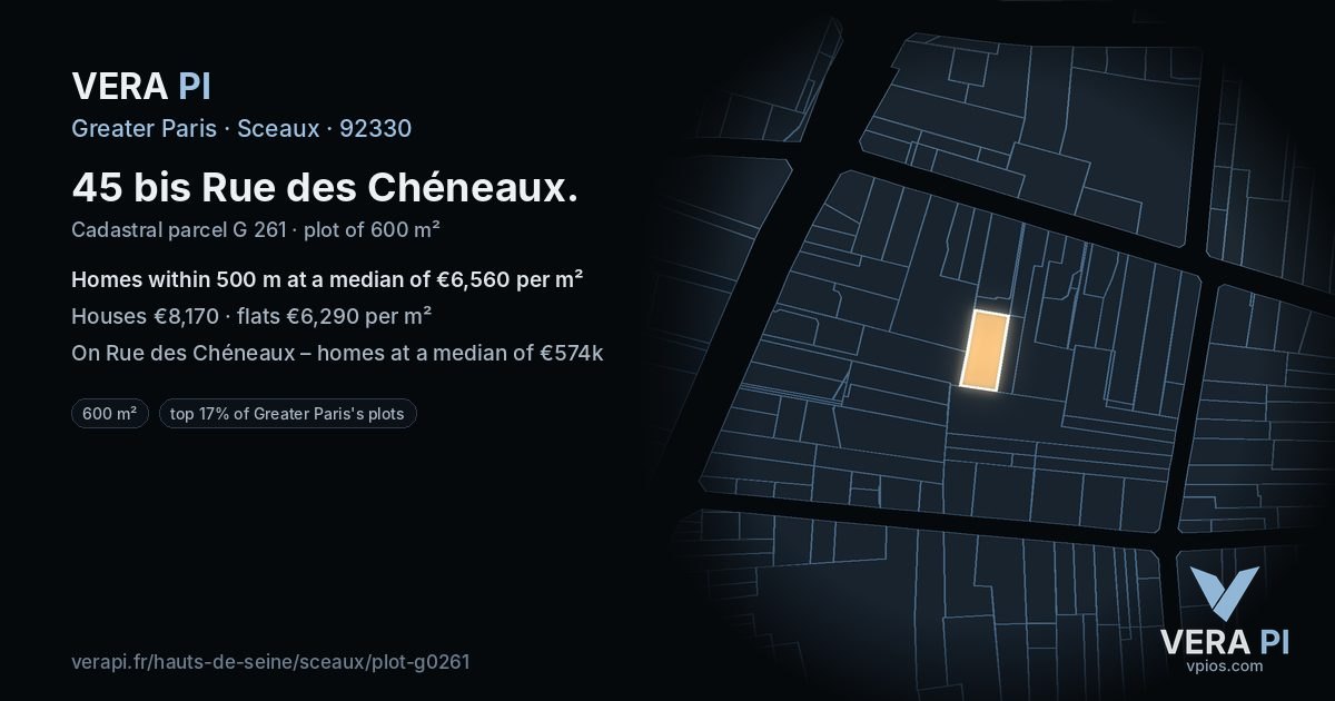 45 bis Rue des Chéneaux, Sceaux at night – the plot lit, the parcels around coloured by the prices near them