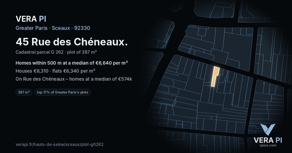 45 Rue des Chéneaux, Sceaux at night – the plot lit, the parcels around coloured by the prices near them
