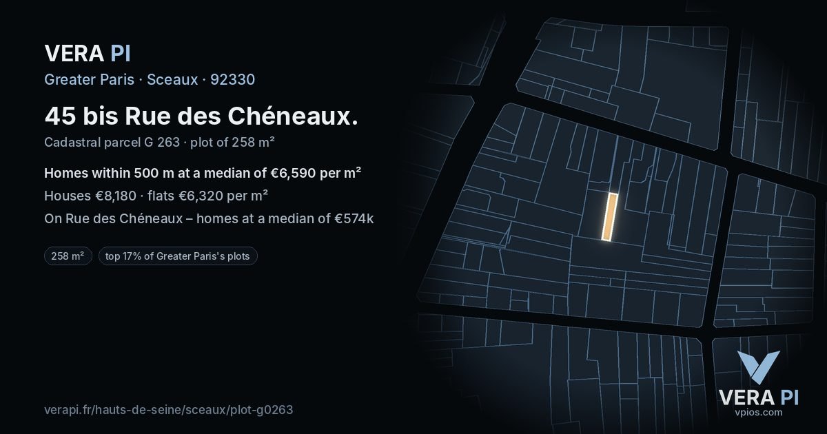 45 bis Rue des Chéneaux, Sceaux at night – the plot lit, the parcels around coloured by the prices near them