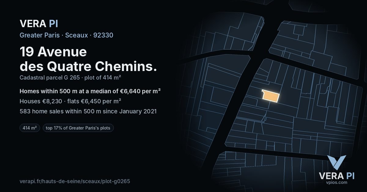19 Avenue des Quatre Chemins, Sceaux at night – the plot lit, the parcels around coloured by the prices near them