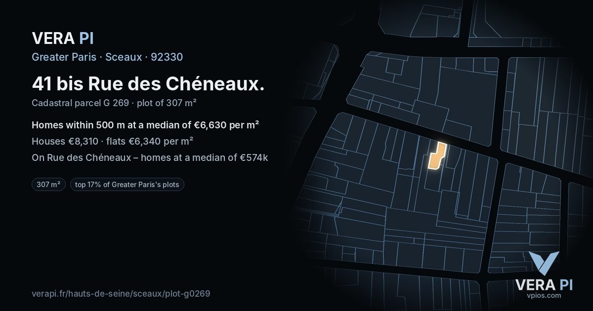 41 bis Rue des Chéneaux, Sceaux at night – the plot lit, the parcels around coloured by the prices near them