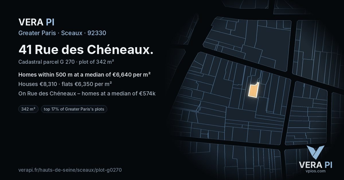 41 Rue des Chéneaux, Sceaux at night – the plot lit, the parcels around coloured by the prices near them