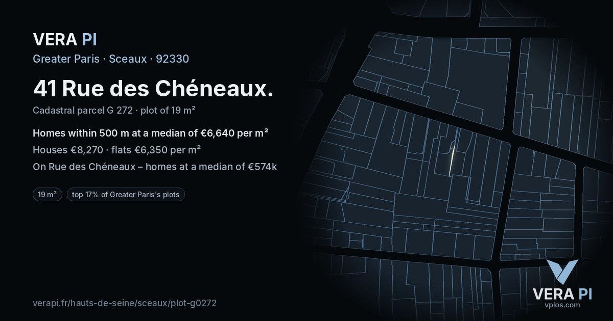 41 Rue des Chéneaux, Sceaux at night – the plot lit, the parcels around coloured by the prices near them