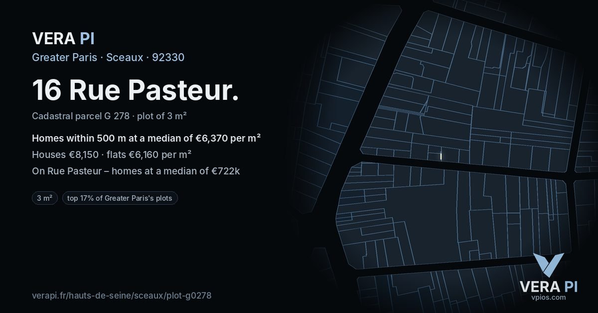 16 Rue Pasteur, Sceaux at night – the plot lit, the parcels around coloured by the prices near them