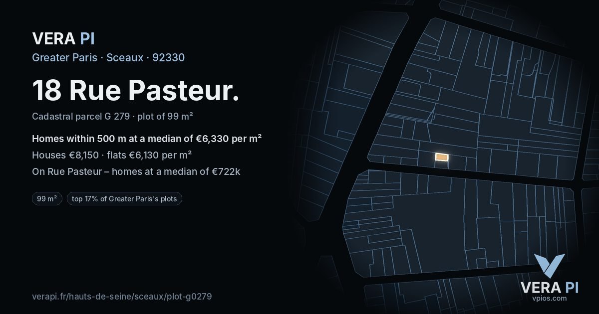 18 Rue Pasteur, Sceaux at night – the plot lit, the parcels around coloured by the prices near them