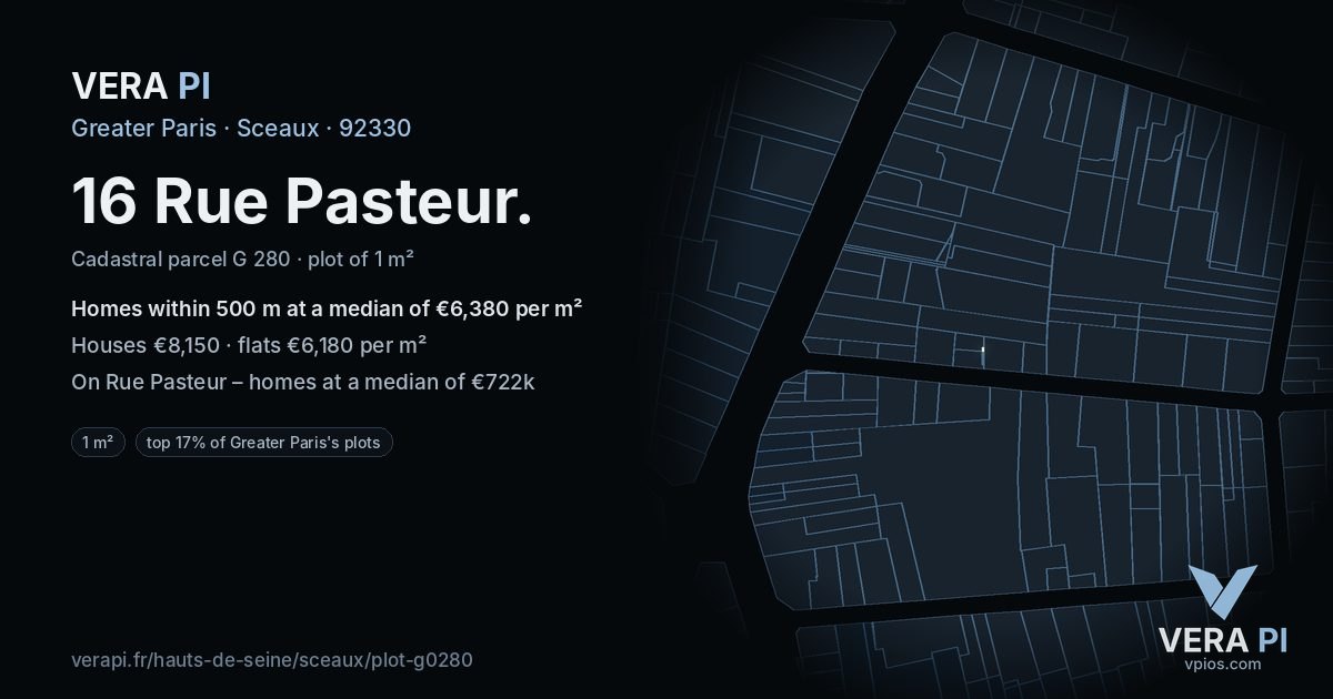 16 Rue Pasteur, Sceaux at night – the plot lit, the parcels around coloured by the prices near them