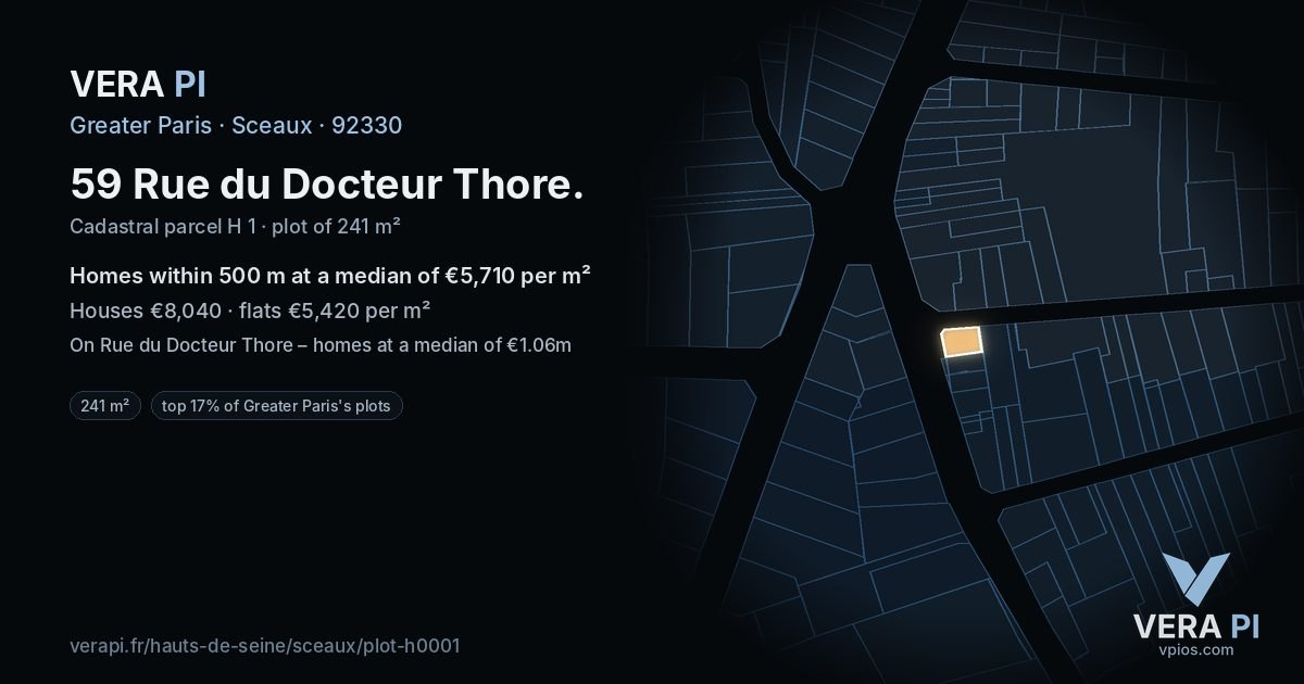 59 Rue du Docteur Thore, Sceaux at night – the plot lit, the parcels around coloured by the prices near them