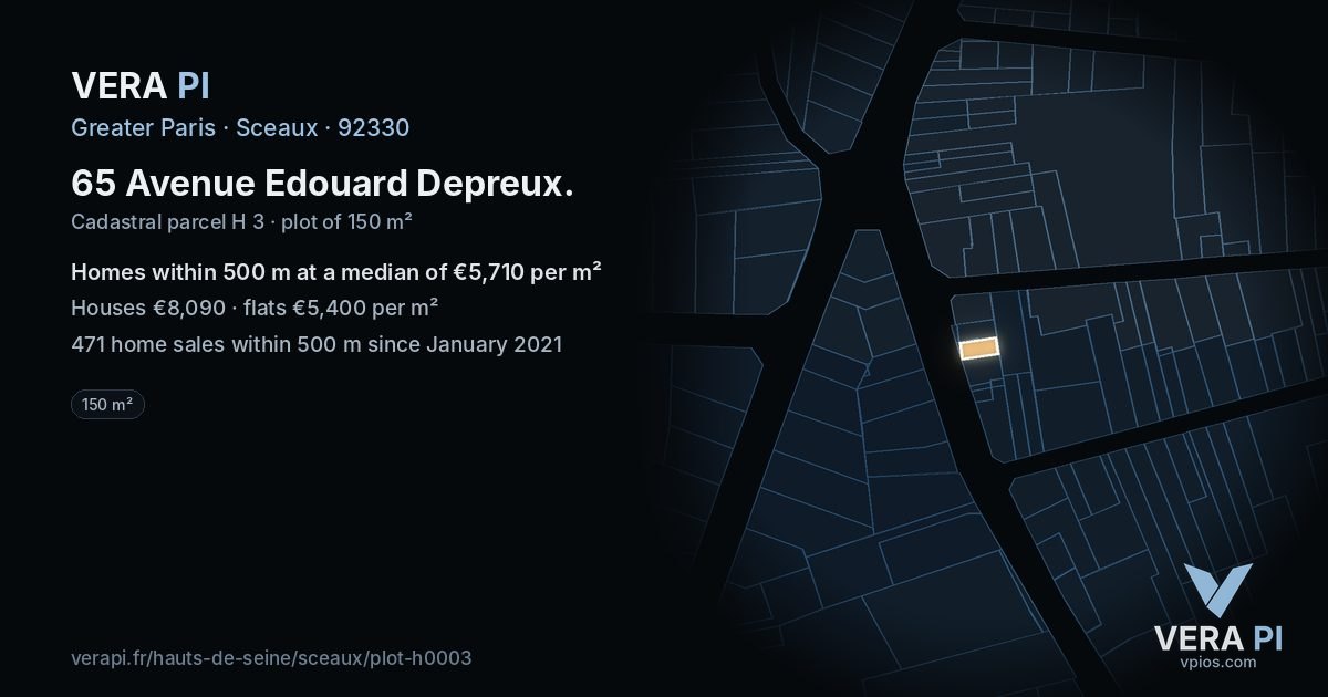 65 Avenue Edouard Depreux, Sceaux at night – the plot lit, the parcels around coloured by the prices near them
