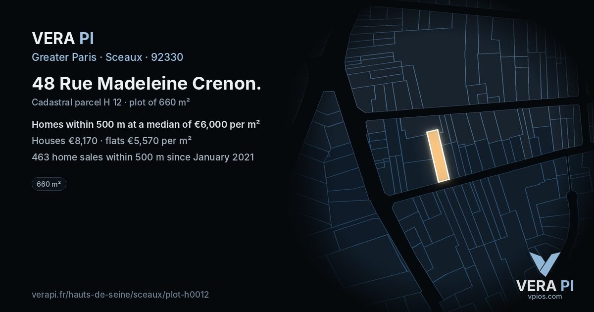 48 Rue Madeleine Crenon, Sceaux at night – the plot lit, the parcels around coloured by the prices near them