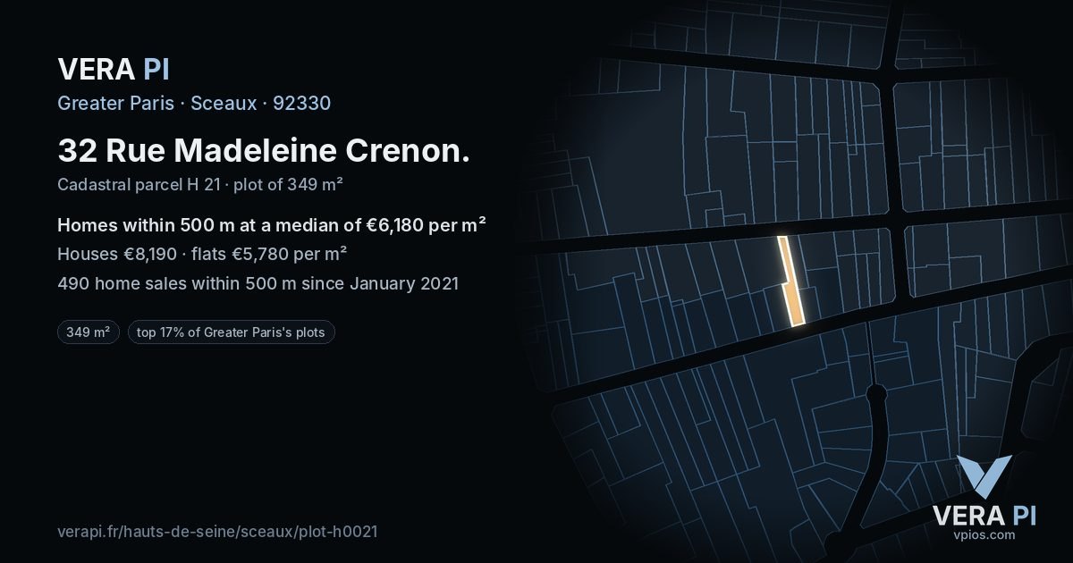 32 Rue Madeleine Crenon, Sceaux at night – the plot lit, the parcels around coloured by the prices near them