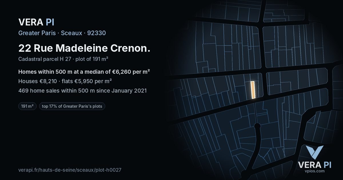 22 Rue Madeleine Crenon, Sceaux at night – the plot lit, the parcels around coloured by the prices near them