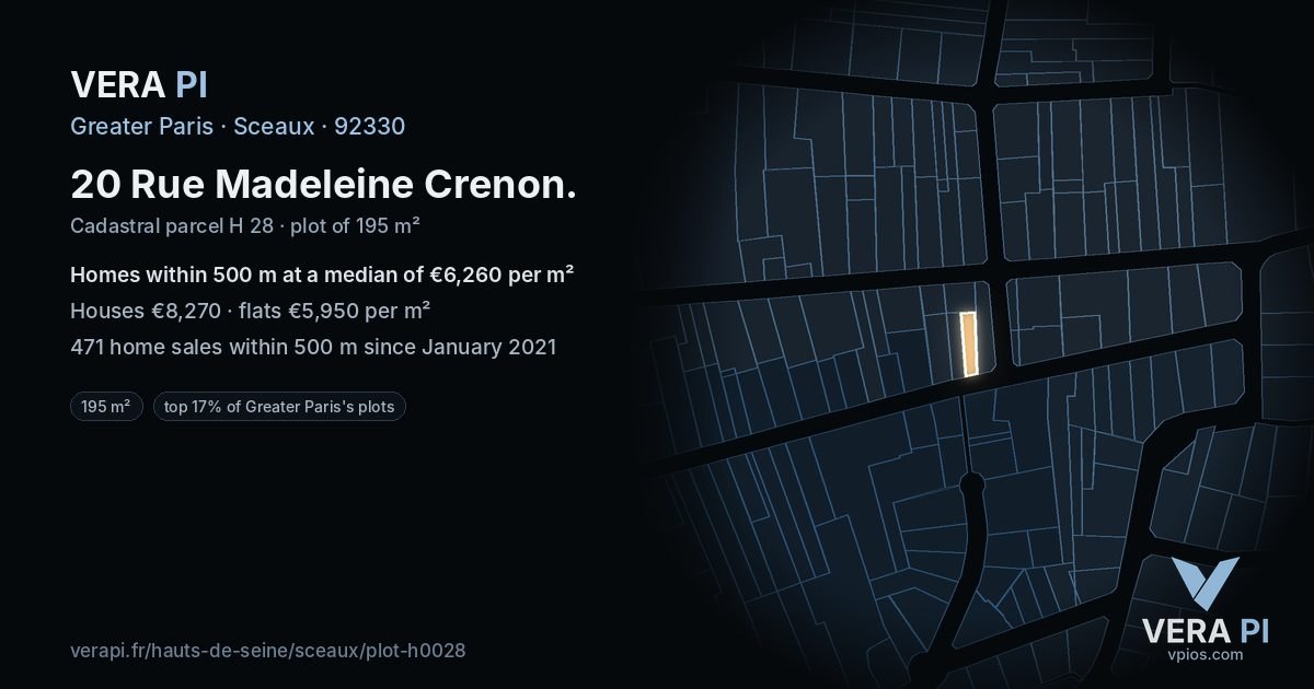 20 Rue Madeleine Crenon, Sceaux at night – the plot lit, the parcels around coloured by the prices near them