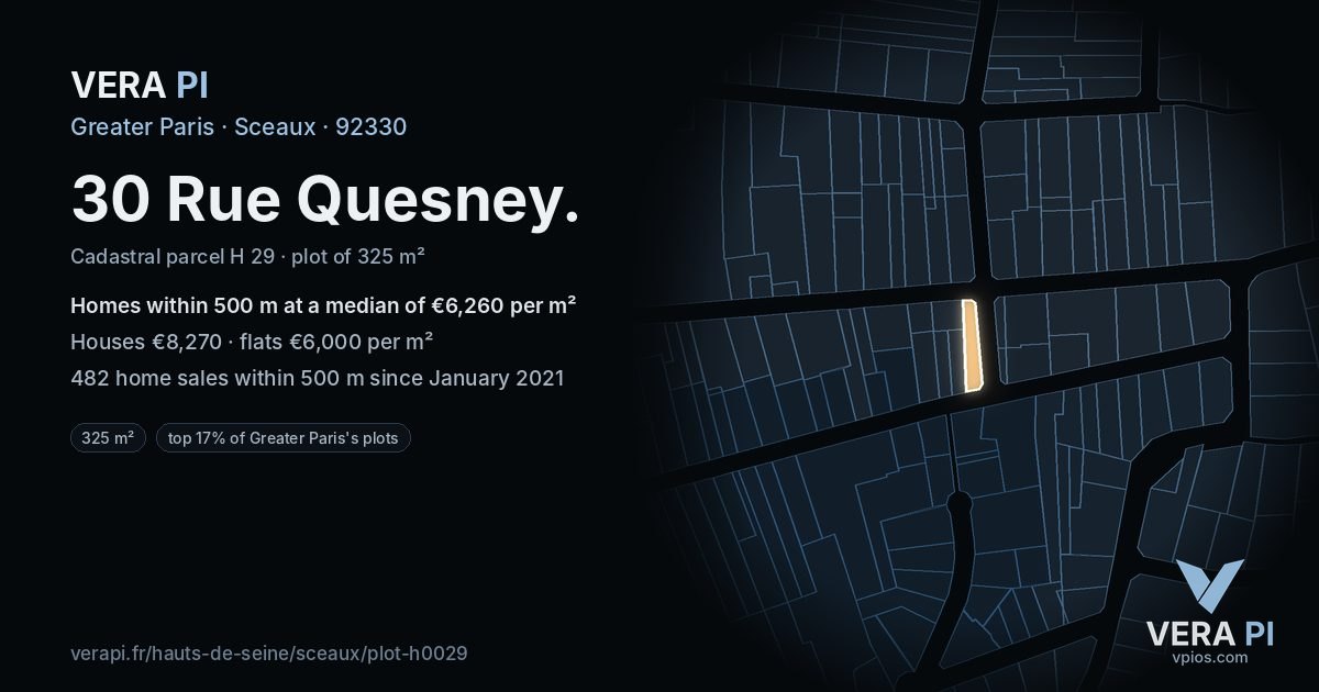 30 Rue Quesney, Sceaux at night – the plot lit, the parcels around coloured by the prices near them