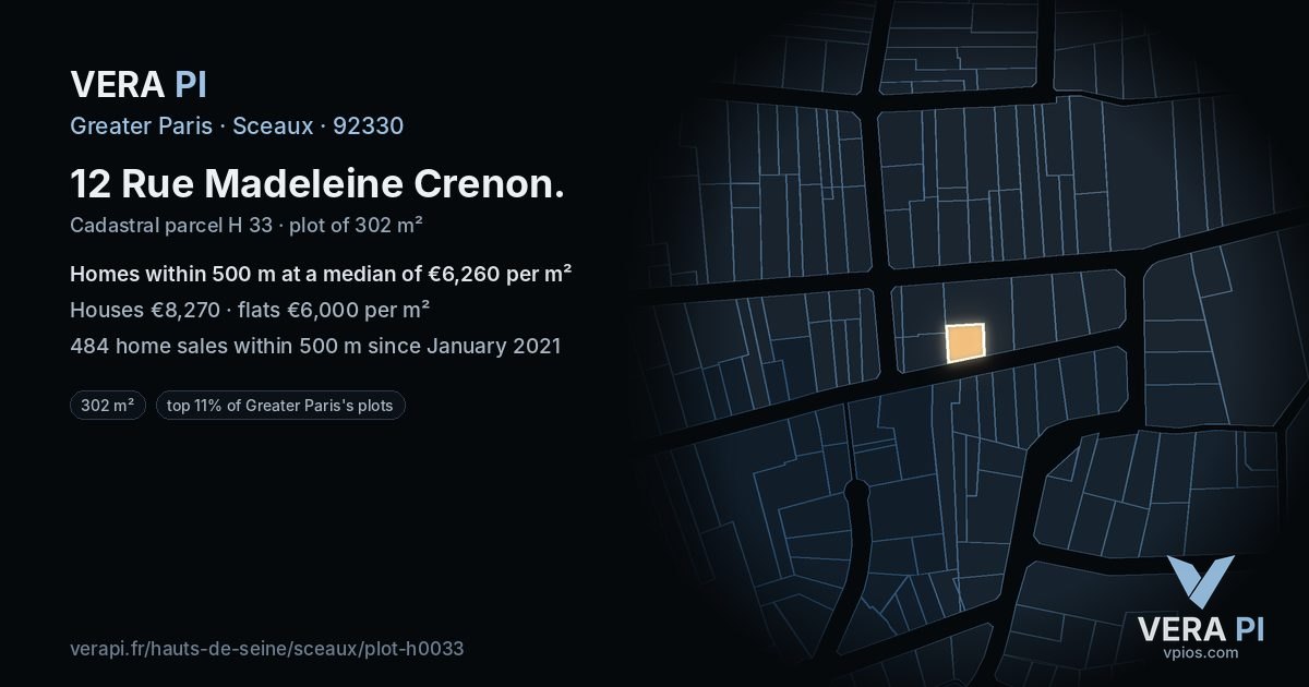 12 Rue Madeleine Crenon, Sceaux at night – the plot lit, the parcels around coloured by the prices near them