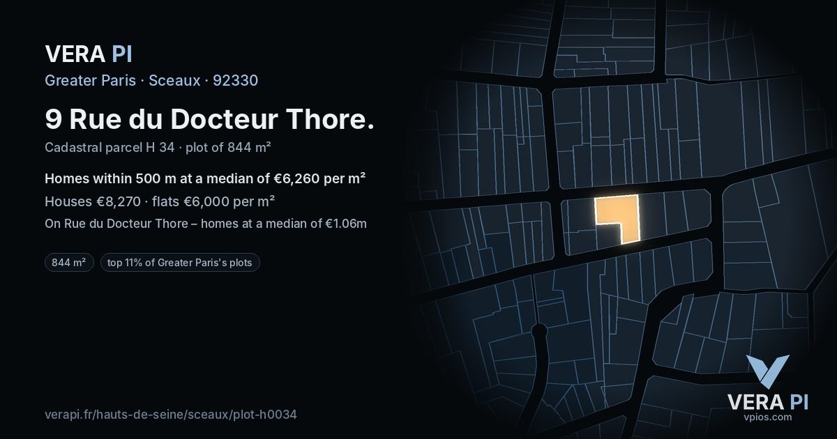 9 Rue du Docteur Thore, Sceaux at night – the plot lit, the parcels around coloured by the prices near them