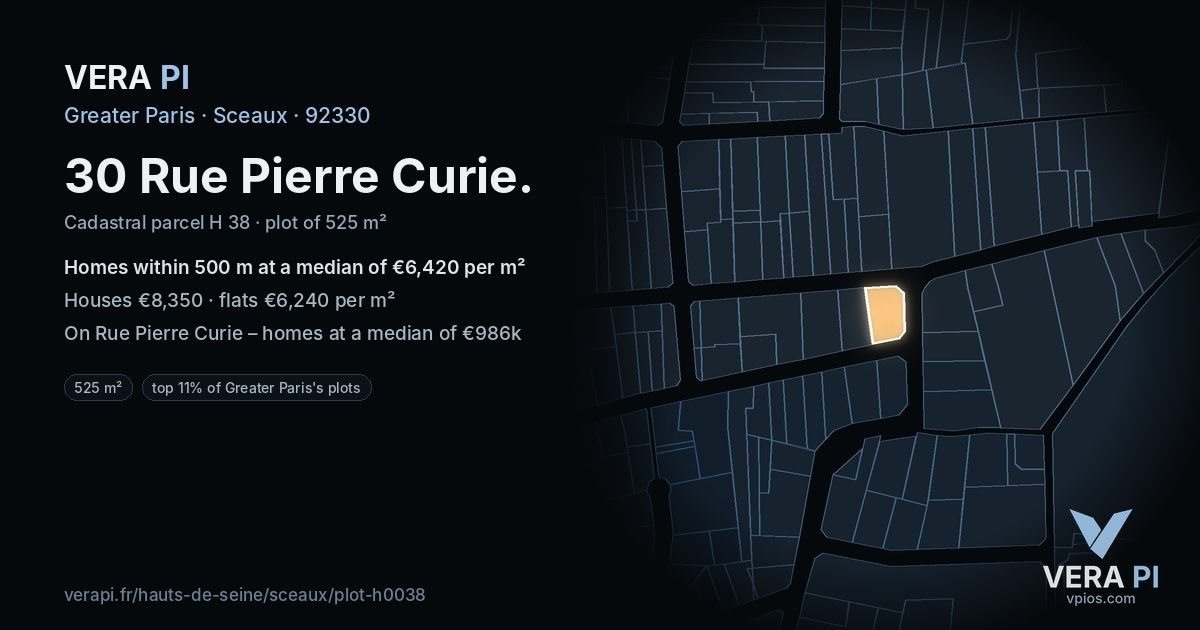 30 Rue Pierre Curie, Sceaux at night – the plot lit, the parcels around coloured by the prices near them