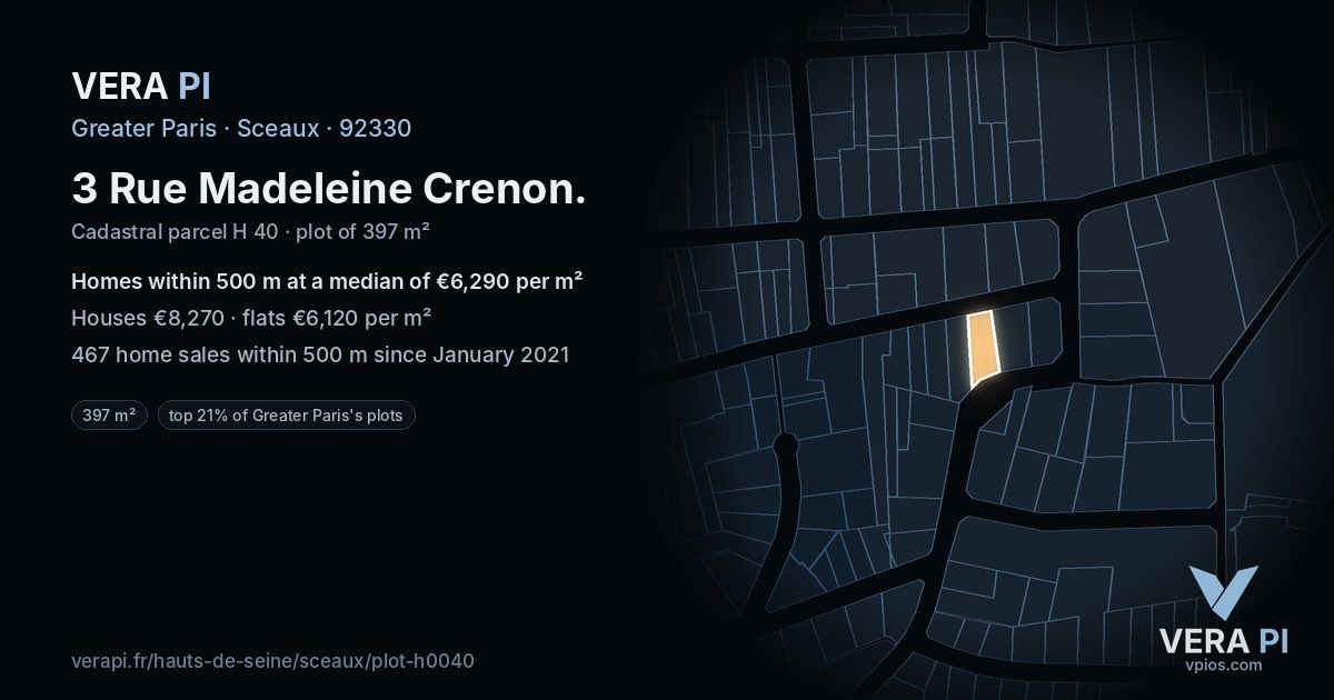 3 Rue Madeleine Crenon, Sceaux at night – the plot lit, the parcels around coloured by the prices near them